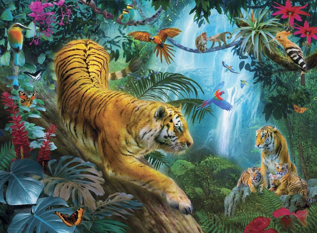 Tigers Near Waterfall